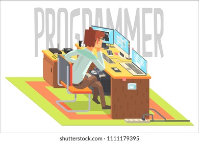 Hacker, working at a laptop, vector illustration