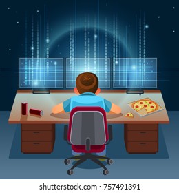 Hacker working on a code on dark digital background with digital interface around. Binary Computer Code. Programming / Coding / Hacker concept. Vector  Illustration.