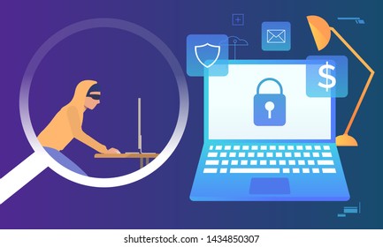 Hacker working on computer on blue background. Laptop monitor with lock on screen, fire, money, email, shield signs. Hacker attack concept. Vector illustration can be used for cybercrime and security