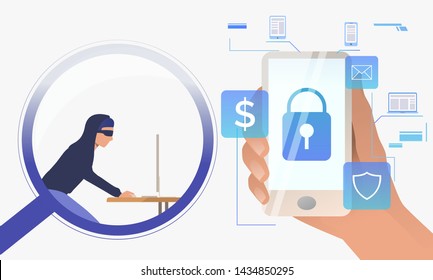 Hacker working on computer through magnifying glass. Hand holding smartphone with lock on screen, money, email, shield. Hacker attack concept. Vector illustration can be used for cybercrime or fraud