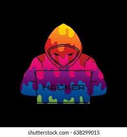 Hacker working on laptop designed using melting colors graphic vector.