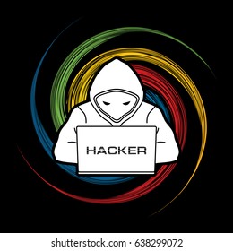 Hacker working on laptop designed on spin wheel background graphic vector.