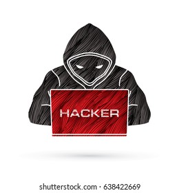 Hacker working on laptop designed using grunge brush graphic vector.
