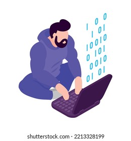 Hacker working on laptop isometric character 3d vector illustration