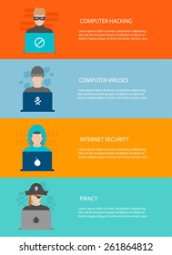 Hackers activity horizontal banners  set, vector illustration in flat design style. Computer hacking, internet security concept.