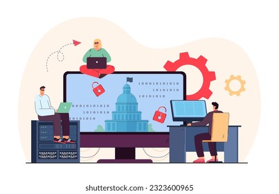 Hackers attacking government websites vector illustration. Group of people with laptops breaking in state infrastructure, threatening national security. Cybersecurity, data protection concept