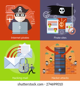 Hackers attaks activity. Hacker activity viruses hacking and e-mail spam. Computer crime in flat design. Pirate attacking laptop computer as internet pirate. Homepage of pirate sites with flag