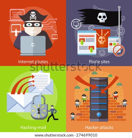 Hackers attaks activity. Hacker activity viruses hacking and e-mail spam. Computer crime in flat design. Pirate attacking laptop computer as internet pirate. Homepage of pirate sites with flag