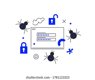 Hackers break into information, steal personal data and passwords. Identity theft, cybercrime, and Internet crime concepts. Flat Isometric Vector Illustration.