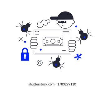Hackers break into information steal personal data, credit card. Identity theft, cybercrime, and Internet crime concepts. Flat Isometric Vector Illustration.