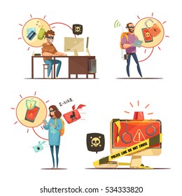 Hackers breaking bank accounts and mobile devices access crime 4 retro cartoon icons composition isolated vector illustration illustration 