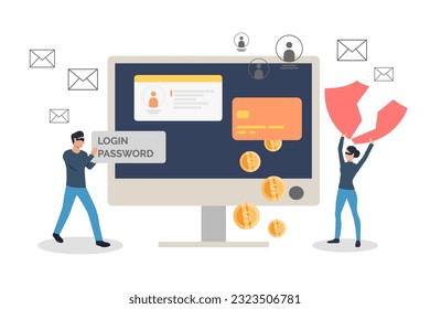 Hackers breaking in computer vector illustration. Thieves stealing money and passwords from personal and corporate accounts and devices. Cyber attack, cybersecurity, data protection concept