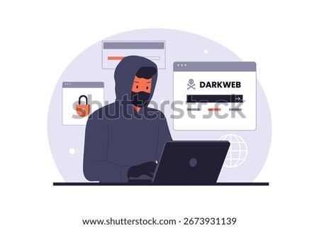 Hackers Browsing the Dark Web and Deep Web. An Illustration of a Cybercriminal Accessing a Private Network to Steal Sensitive Data and Perform Illegal Activities. Vector Flat Illustration