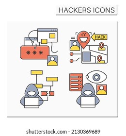 Hackers Color Icons Set. Safe Web Browsing And Cybersecurity. Email Phishing, Fake Url, Keylogger And Mailware Alert. Isolated Vector Illustration