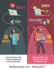Hackers criminal activity 2 vertical banners set with man and woman breaking computer accounts isolated  cartoon vector illustration 