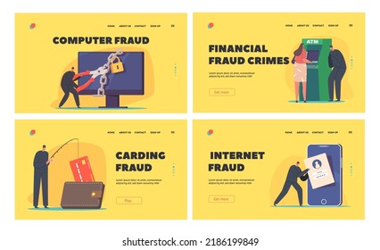 Hackers Cyber Crimes Landing Page Template Set. Criminals Phishing, Stealing Private Personal Data, Credentials, Password, Bank Document, Email And Credit Card in Computer. Cartoon Vector Illustration