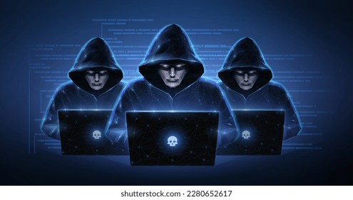 Hackers. Ciberdelincuentes con laptops y código detrás. Delitos cibernéticos, actividad de hackers, ataques ddos, seguridad del sistema digital, dinero para fraude, amenaza de ciberataques, concepto de alerta de virus malware