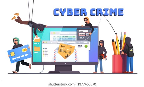 Hackers and cyber criminals phishing stealing private personal data, credentials, password, bank document email and credit card. Small anonymous hacker man attacking computer. Flat vector illustration