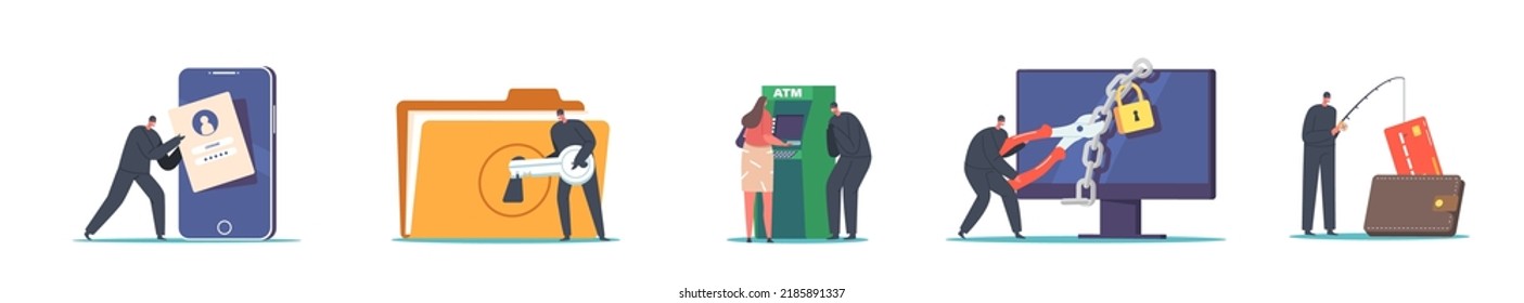 Hackers And Cyber Criminals Phishing, Stealing Private Personal Data, Credentials, Password, Bank Document, Email And Credit Card. Anonymous Characters Attacking Computer. Cartoon Vector Illustration