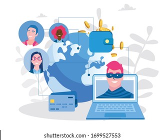Hackers and cyber criminals stealing private personal data, e-wallet, password, bank document, credit card. Hacker man attacking computer. Vector illustration for web banner, infographics, mobile. 