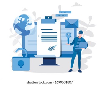 Hackers And Cyber Criminals Stealing Private Personal Data, Document Email, Credentials, Password. Vector Illustration For Web Banner, Infographics, Mobile. Small  Hacker Man Attacking Computer. 