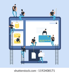 Hackers. Cyber Thief Robbing Computer Confidential Bank Data. Hacker Identity And Money Risk Vector Concept. Fraud Computer Data, Thief Cyber Illustration