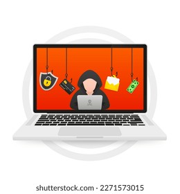 Hackers and cybercriminals phishing, identity theft, user login, password, documents, email and credit card on a laptop. Hacking and web security. Internet phishing concept. Vector illustration