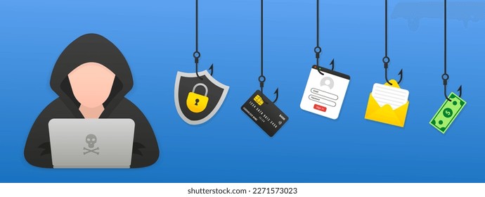 Hackers and cybercriminals phishing, identity theft, user login, password, documents, email and credit card. Hacking and web security. Internet phishing concept. Vector illustration