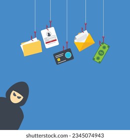Hackers and cybercriminals phishing, identity theft, user login, password, documents, email and credit card. Hacking and web security. Internet phishing concept.