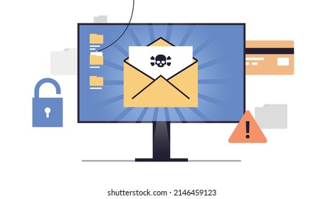 Hackers and cybercriminals phishing and stealing private personal data, credentials, password, documents email and credit card attacking flat vector illustration.