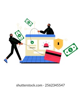 Hackers With A Fishing Rod And Credit Card Stealing Money In Flat Vector Illustration Symbolizing Cybercrime, Identity Theft, And Online Fraud, Isolated On White Background.