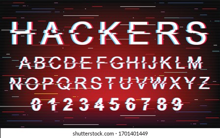 Hacker glitzern Schriftvorlage. Retro-Vektorillustration-Alphabet im futuristischen Stil auf rotem Hintergrund. Großbuchstaben, Zahlen und Symbole. Design einer kriminellen Cyberspace-Schrift mit Verzerrungseffekt