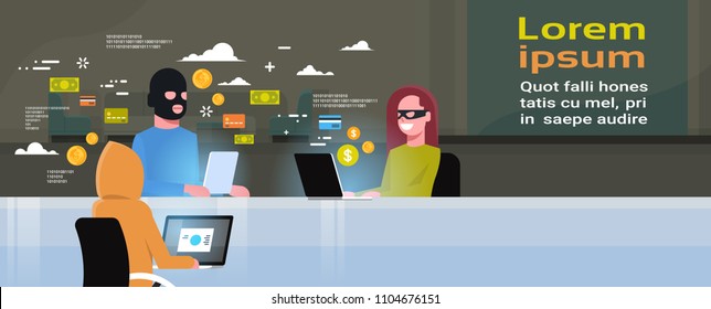 Hackers Group Wearing Black Masks Sitting At Gadgets Viruses Data Privacy Attack Credit Card Security Hacker Activity Concept Flat