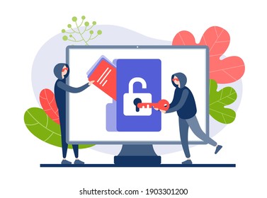 Hackers hack and steal web information flat vector illustration. Characters in hoods open virtual protection take away folder with personal data. Broken antivirus and danger confidential information.
