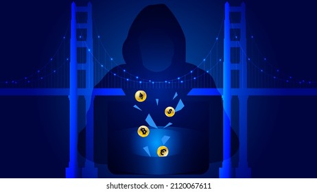 Hackers, hackeados del puente de intercambio de criptografía. Puente roto, hacker y monedas de oro 3d en el fondo azul brillante.