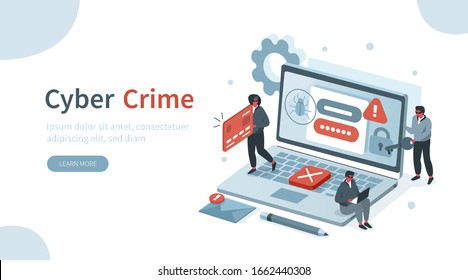 Hackers Hacking Information from Laptop and Stealing Personal Data, Credit Card and Password. Identity Theft, Cyber Crime and Internet Criminal Concept. Flat Isometric Vector Illustration.