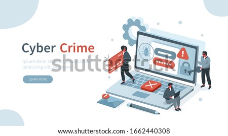 Hackers Hacking Information from Laptop and Stealing Personal Data, Credit Card and Password. Identity Theft, Cyber Crime and Internet Criminal Concept. Flat Isometric Vector Illustration.