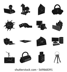 Hackers and hacking set icons in black style. Big collection of hackers and hacking vector symbol stock illustration