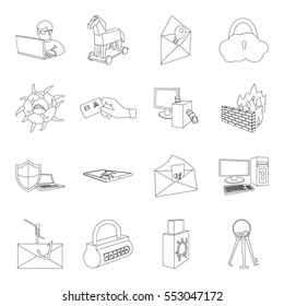 Hackers and hacking set icons in outline style. Big collection of hackers and hacking vector symbol stock illustration