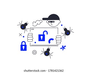 Hackers are hacking, stealing personal data . Concepts of identity theft, cybercrime, and Internet crime. Flat Isometric Vector Illustration.