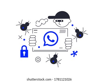 Hackers are hacking watsapp, stealing personal data . Concepts of identity theft, cybercrime, and Internet crime. Flat Isometric Vector Illustration.