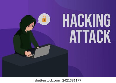 Hackers have attacked data security and account protection. Cartoon flat design hacker cyber attack great for motion design, background, illustration, and wallpaper.