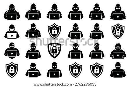 Hackers in hoods using laptops with security shields cybercrime data theft and protection symbols black and white icons isolated on white background