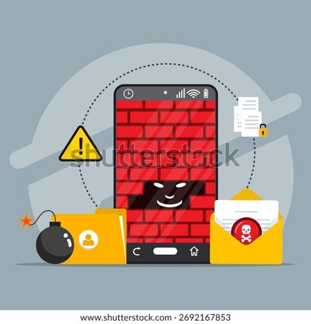 Hackers lurking from within smartphone firewalls. Cyber ​​attack concepts with suspicious email and personal folder dangers. Alert for cybercrime sign and stealing document.