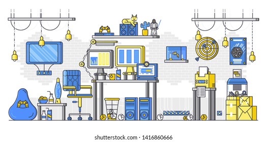 Hackers office interior with pc, laptop, gadgets, devices, furniture, darts, trash bin, food, cactus, cat. IT geeks room. Programmers, computer whiz work place. Vector flat illustration.