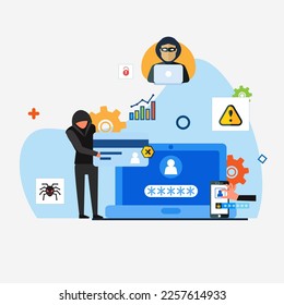 Hackers robbing computer. people in black masks stealing data and money. vector