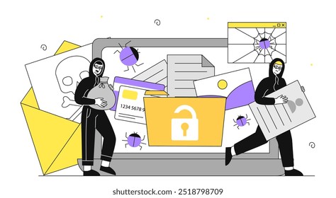 Hackers steal data. Men in black hoodies near laptop with file folder. Crime on Internet. Personal information theft. Online danger. Linear vector illustration isolated on white background