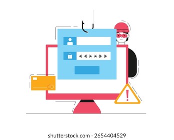 Hackers steal data through malware, illegally accessing computer systems. Character design. Vector flat illustration