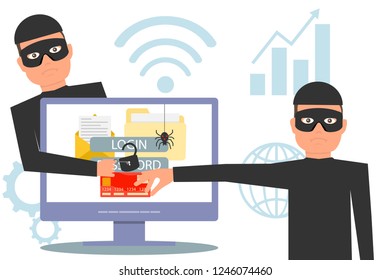 Hackers steal information. Hacker stealing money and personal information. Hacker unlock information, steal and crime computer data. Vector illustration.