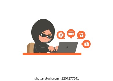 Hackers are stealing confidential personal information, financial information or ransom from the Internet by computer. illustration vector cartoon character design on white background. Crime concept.